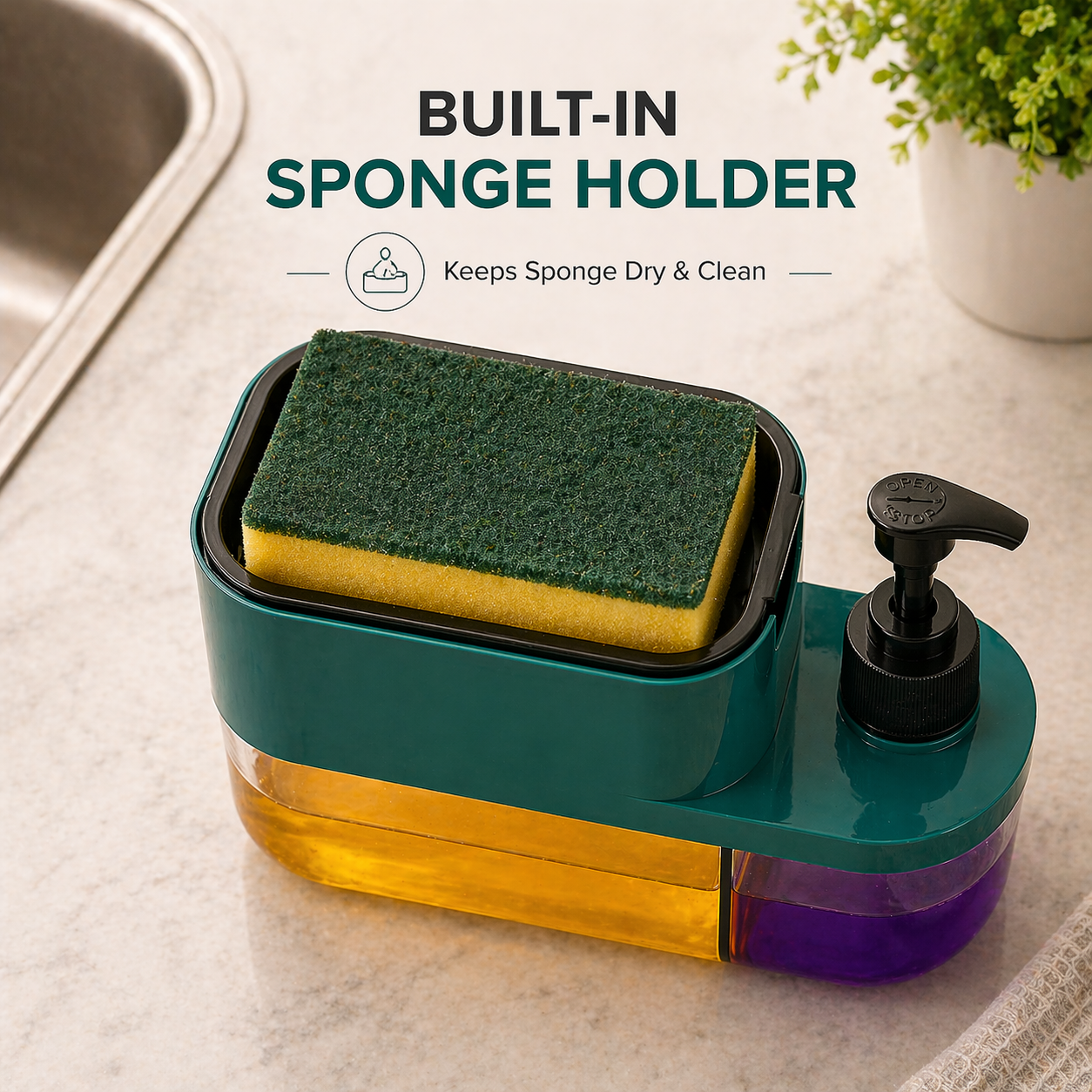 Soap Dispenser for Kitchen | 3 in 1 Soap Dispenser for Kitchen (Sponge Free) with Sponge Holder