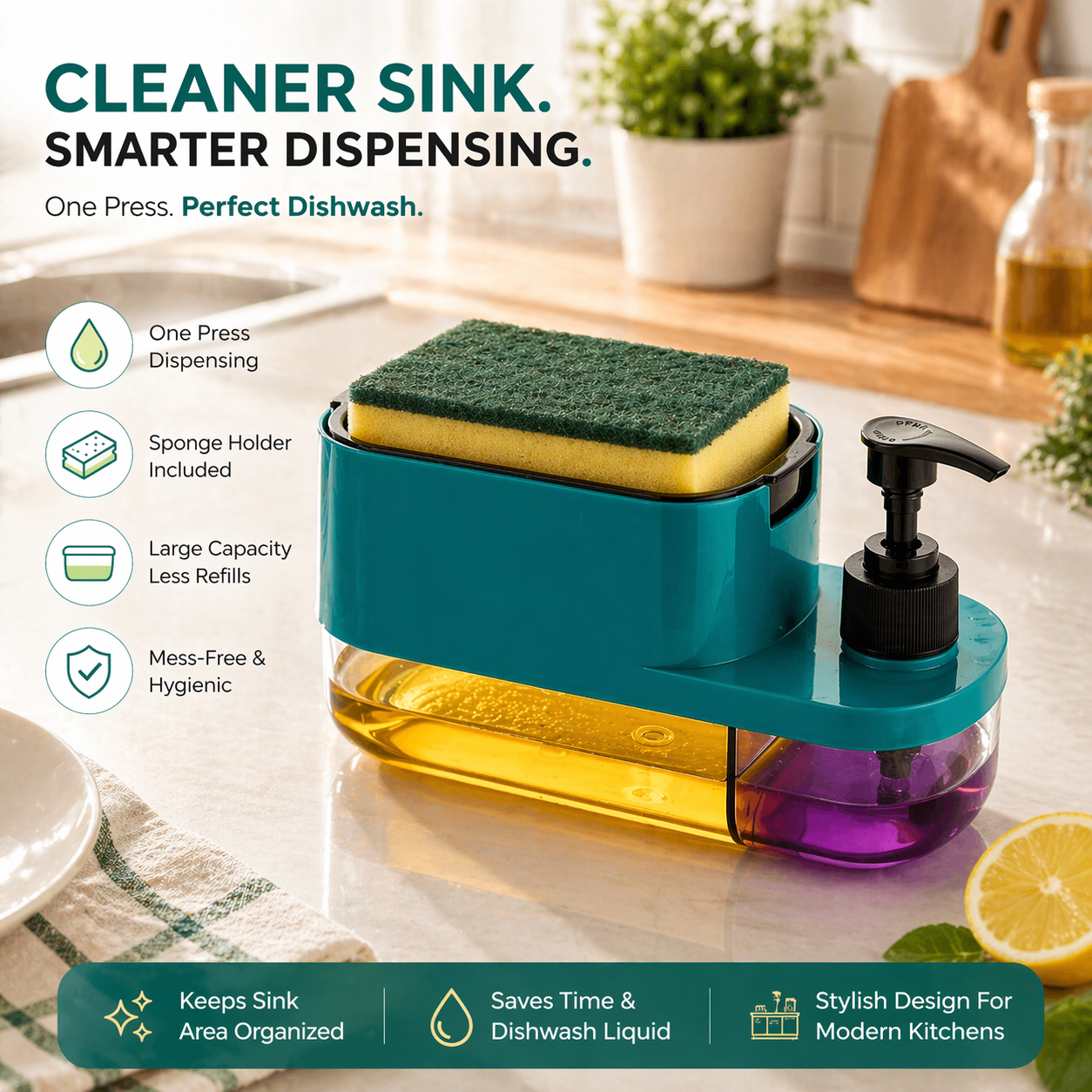 Soap Dispenser for Kitchen | 3 in 1 Soap Dispenser for Kitchen (Sponge Free) with Sponge Holder