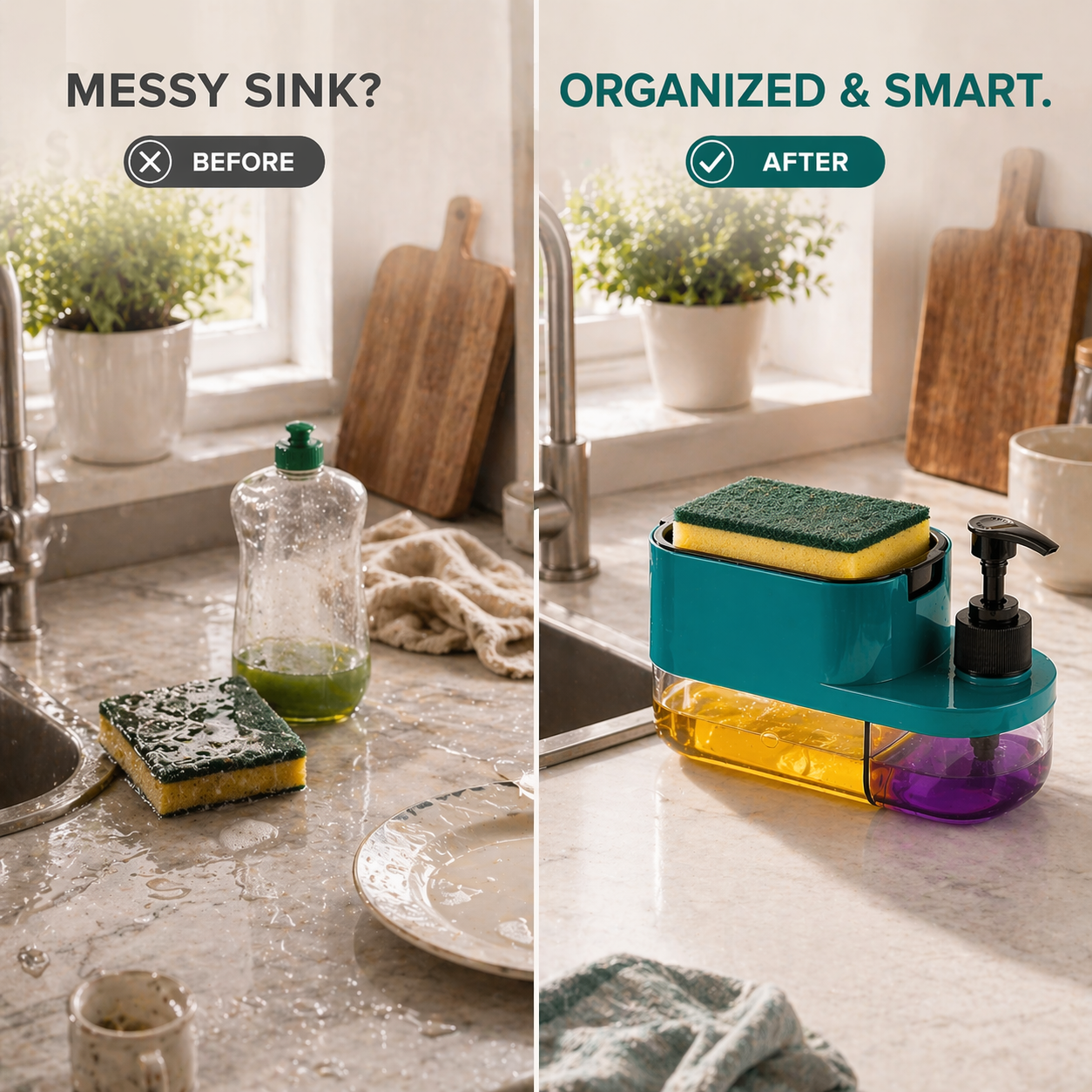 Soap Dispenser for Kitchen | 3 in 1 Soap Dispenser for Kitchen (Sponge Free) with Sponge Holder