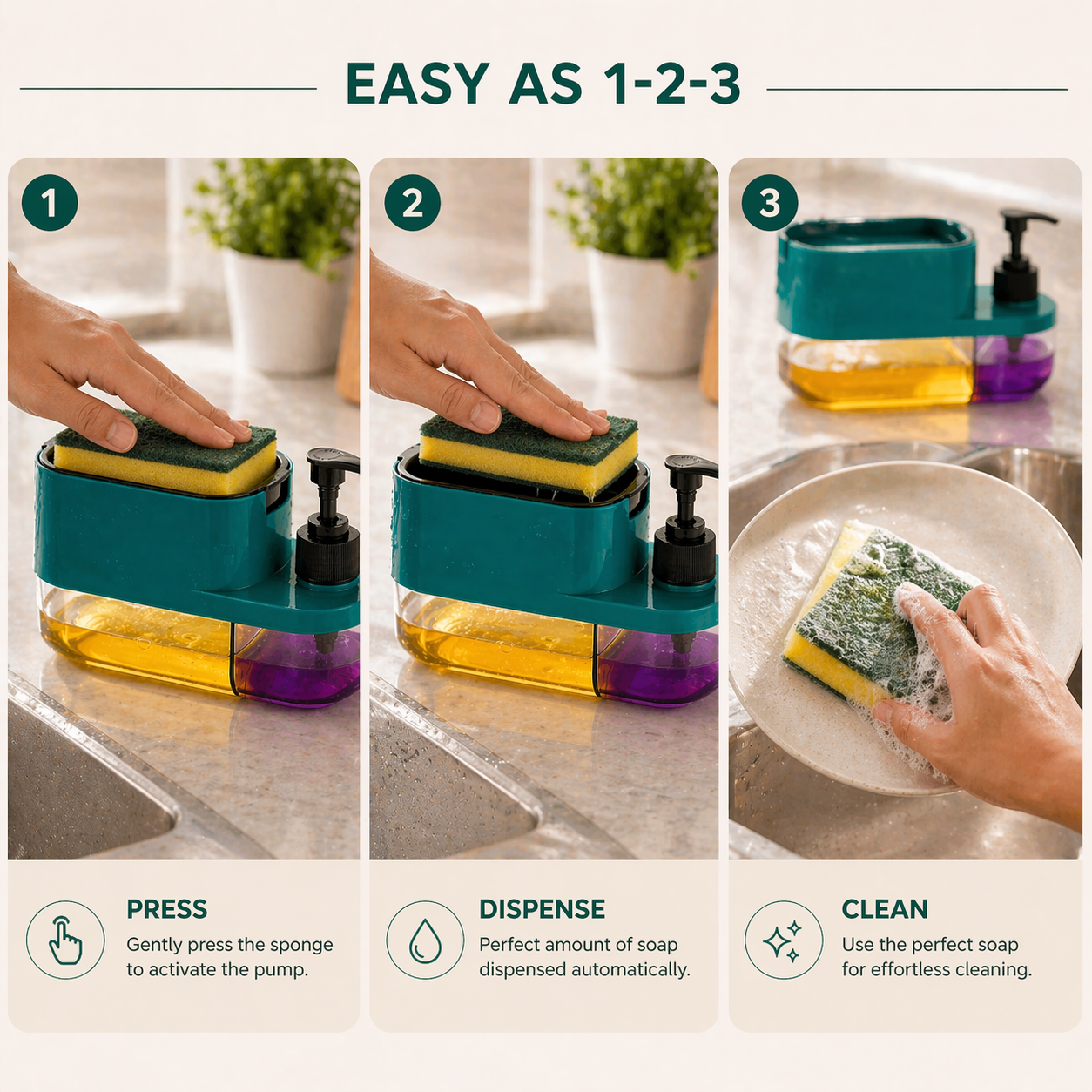 Soap Dispenser for Kitchen | 3 in 1 Soap Dispenser for Kitchen (Sponge Free) with Sponge Holder